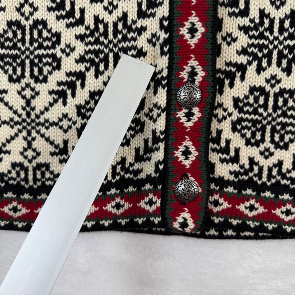 LL Bean Small Fair Isle Cardigan Sweater Cotton Nordic Black Red Cream READ - Picture 5 of 10
